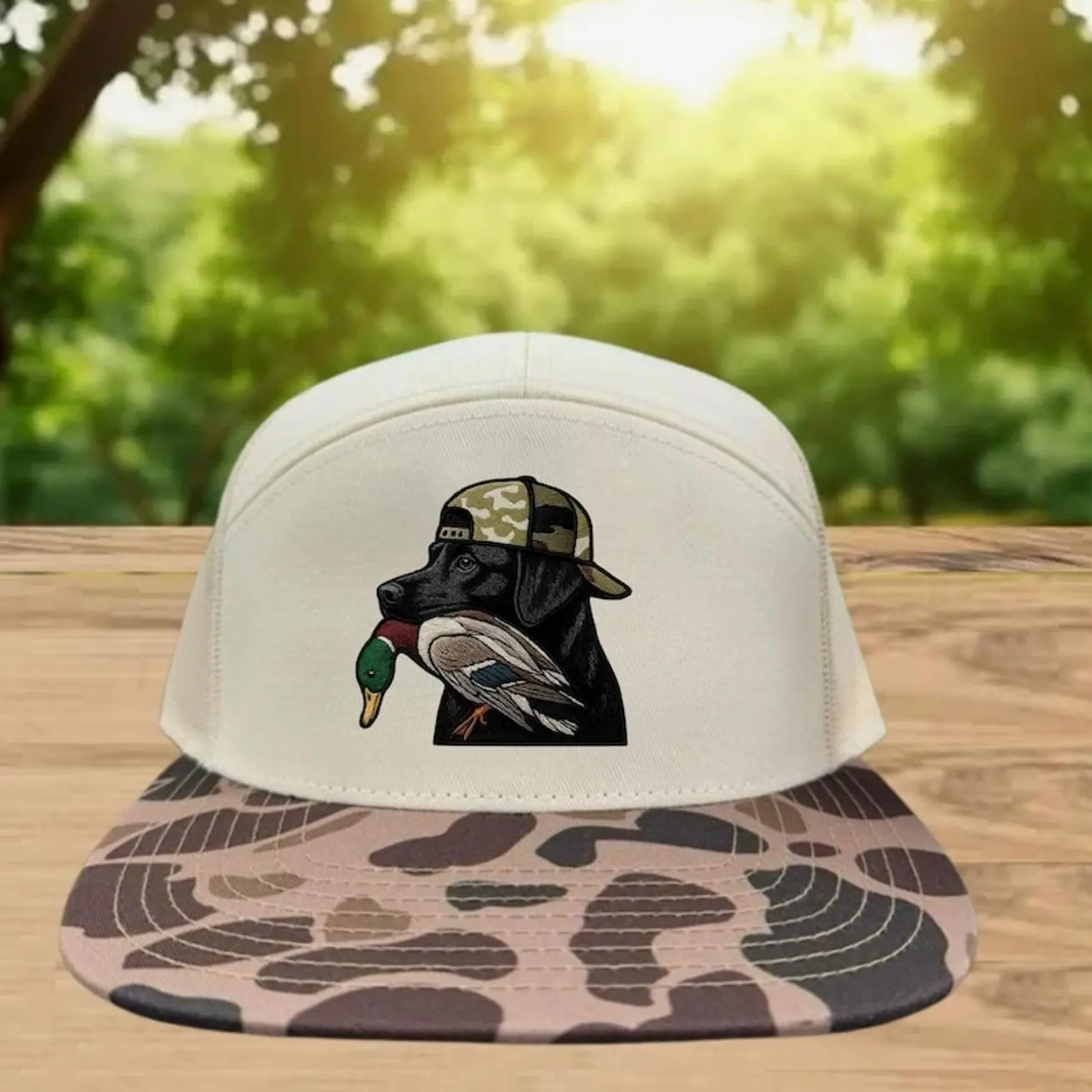Black Lab Mallard Duck Embroidered Patch Camo Hat | Outdoor Waterfowl Hunting Snapback Cap