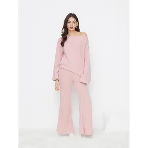Cider Asymmetrical Neck Oversized Top & High Rise Flared Trousers Loungewear Set