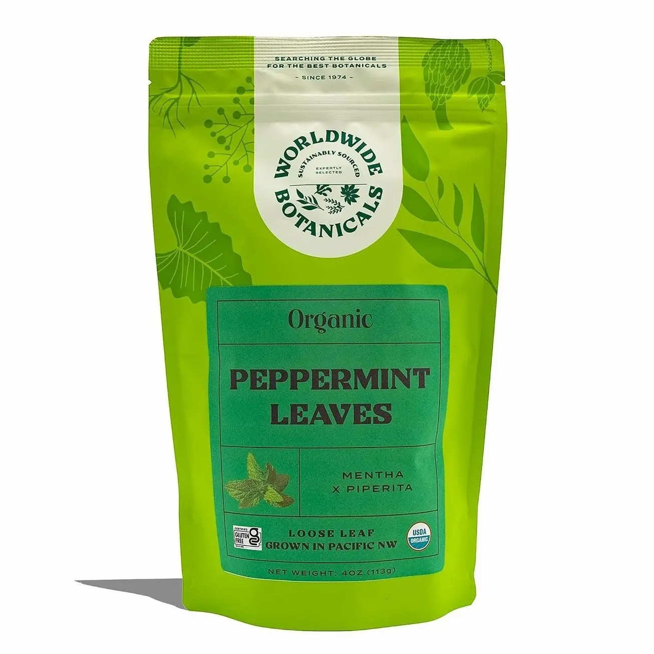 Worldwide Botanicals Organic Peppermint Loose Leaf Tea, 4 oz - Pacific Northwest Organic Cultivation, Highly Aromatic Digestive Tea, Antioxidant, Caffeine Free