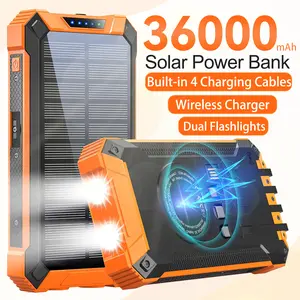 36000mAh Solar Power Bank Wireless Charger, 18W Charging, 4 Built-in Cables, 6 Outputs & 3 Inputs, Portable Phone Charger with Solar Charging