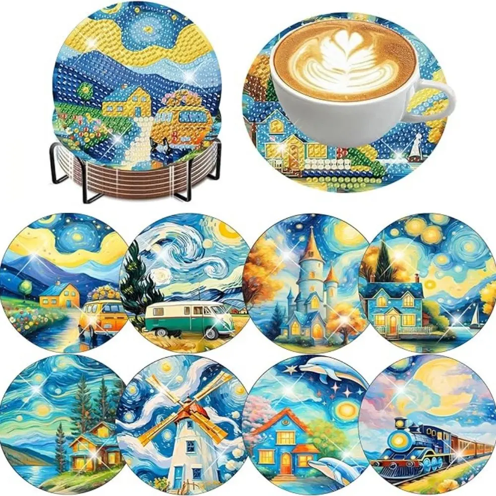 8 pieces/set of diamond painted coasters, Diamond Painting Coasters, landscape patterned coasters (with holder) - DIY diamond art craft kit for home decoration, beginner, diamond craft supplies, artificial diamond art craft supplies gift