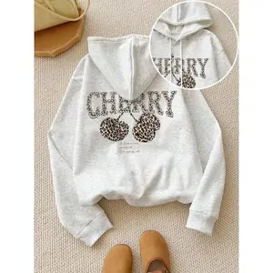 Women’s Hooded Sweatshirt with Leopard Print and Cherry Design, Casual Loose-Fit Long-Sleeve Top for Autumn and Winter, Fashionable