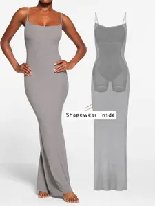 Healume Hourglass Dress Daily Wear Sex Rib Tummy Control Built-in Shaper Relax Long Dress Comfort Women's Square Neck Bodyshaper Dress