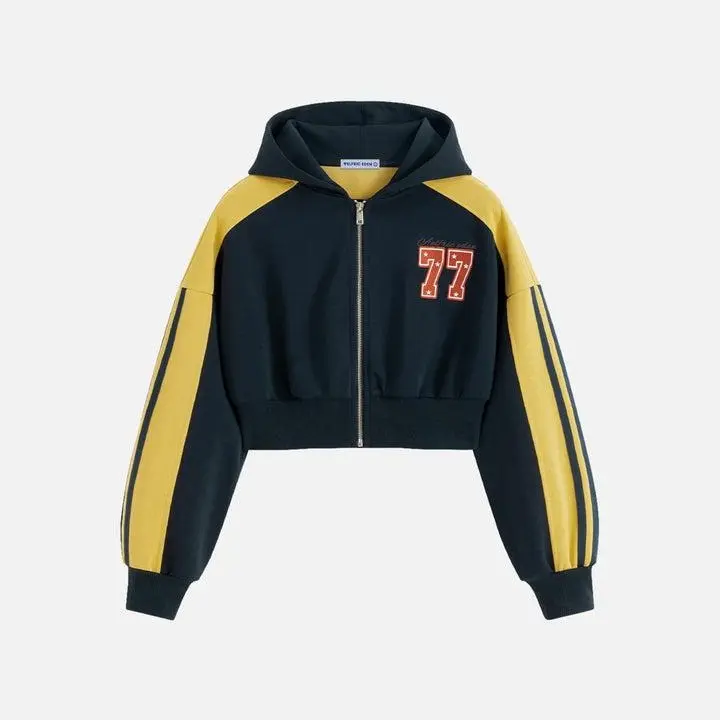 Aelfric Eden Cropped Color Block Zip Up Hoodie Retro Color‑Block Design Number 77 Graphic Print Cropped Zip‑Up Silhouette Soft Fabric Unisex Vintage Sport Hoodie,clothes for back to school,first day of school outfits