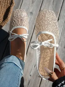 Women's Lace Bow Flat Shoes, Breathable Square Toe Soft Sole, Multicolor Floral Embroidered Casual Daily Wear Walking Shoes