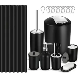 Bathroom Set, 20 count Bathroom Shower Curtain Sets with Hooks, Black Bathroom Accessories Set with Trash Can, Bathroom Accessories Sets Complete with Shower Curtain Set, Bathroom Accessory Set