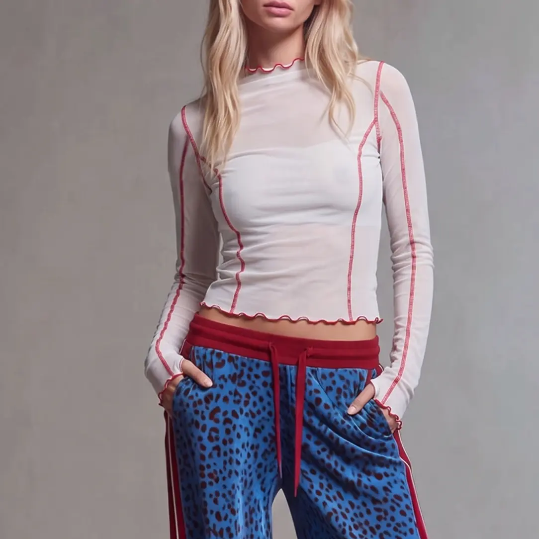 Woman's Sheer Mesh Top Long Sleeve Red Stitching Slim Fit Crop Top Y2K Low Waist Streetwear