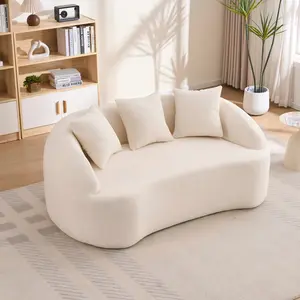 Space-Saving Curved Modern Boneless Sofa Loveseat, Backrest Upgrade, Anti-Pilling Soft Upholstery, Non-Slip Dot-Grip Base Fabric 2-Seater Chenille Compression Couch with 3 Pillows, Minimalist Modular Couches for Living Room, Office, Apartment, Guest Room