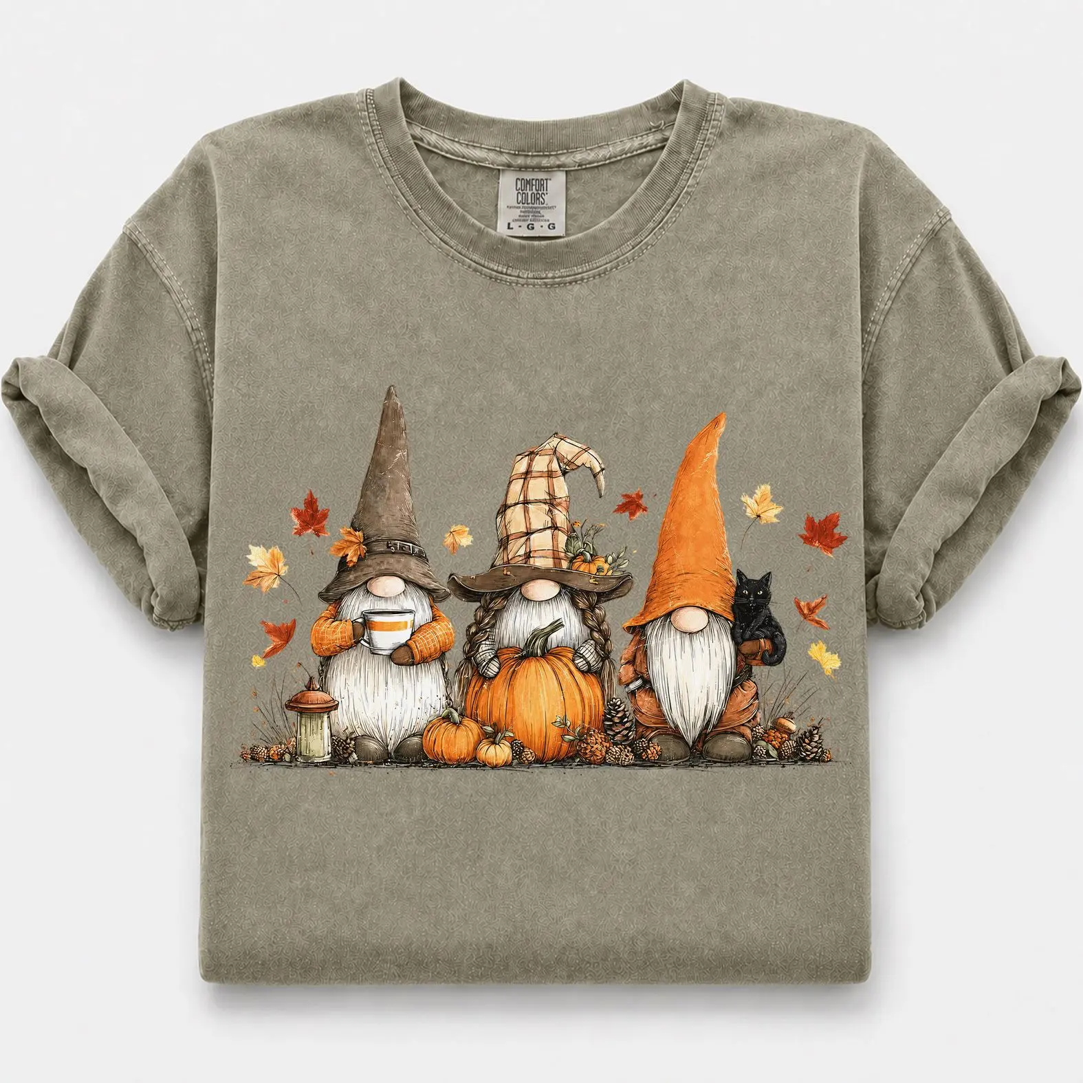 Comfort Colors Thanksgiving Gnome Shirt, Fall Gnomes with Pumpkins & Black Cat Graphic Tee, Cute Thanksgiving Gift