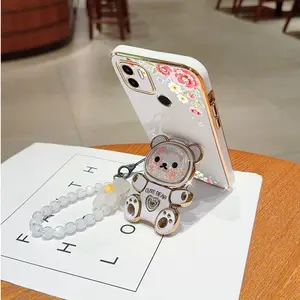 Fashion Strap Lanyard Redmi A2+ Shockproof PC Phone Holder Case Protector Compatible With for Xiaomi Redmi A2+ Floral Embellished Cute Bear Case Cover for Girls Cellphone Flower