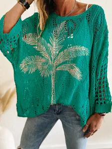 Women's Floral Knit Top, Casual Loose-Fitting Batwing Long Sleeve Shirt, Contrast Coconut Tree Print, Spring Summer Beach Fashion