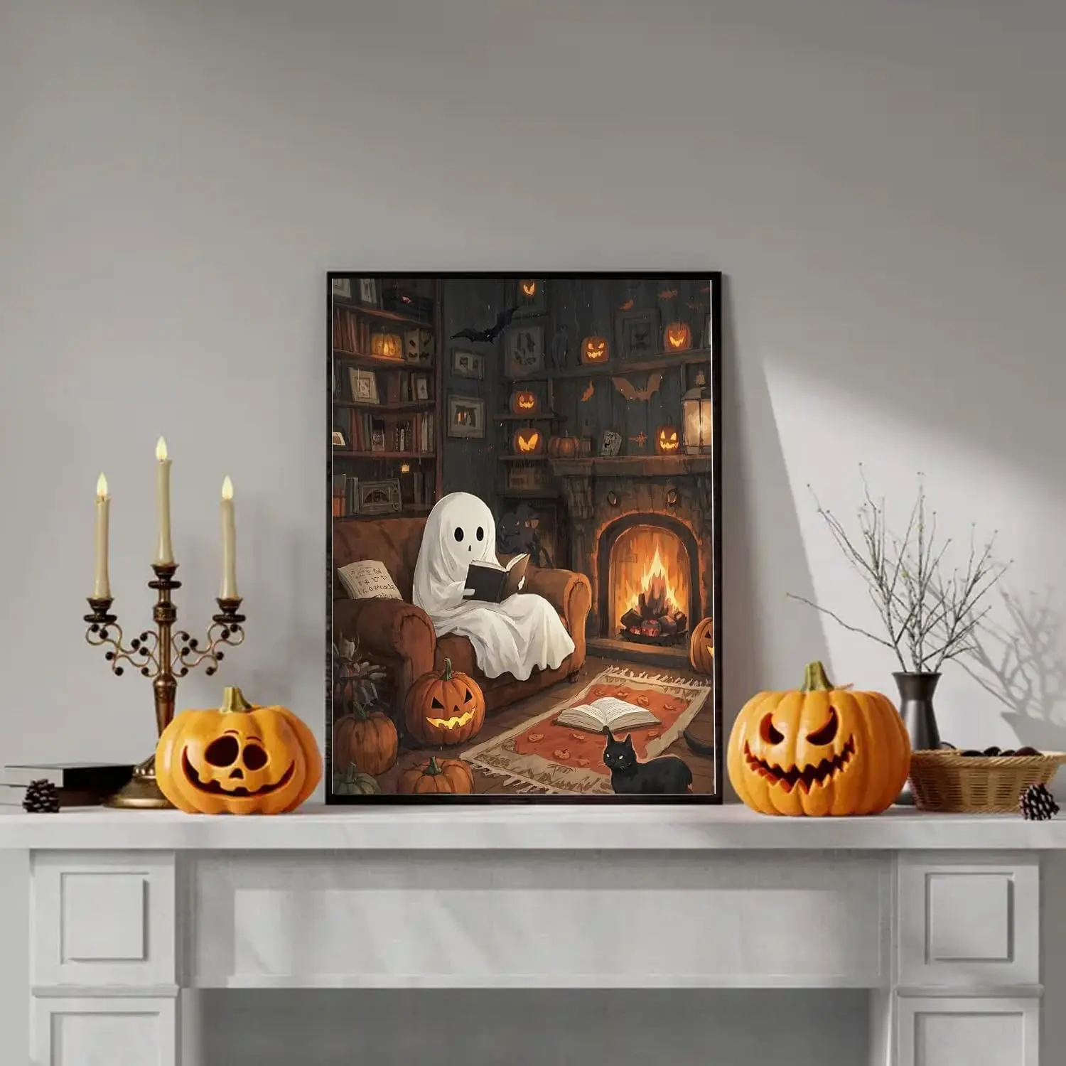 5D Full Drill Diamond Painting, Cozy Halloween Ghost Reading Book by Fireplace with Black Cat & Pumpkins, Spooky Cottagecore DIY Wall Art