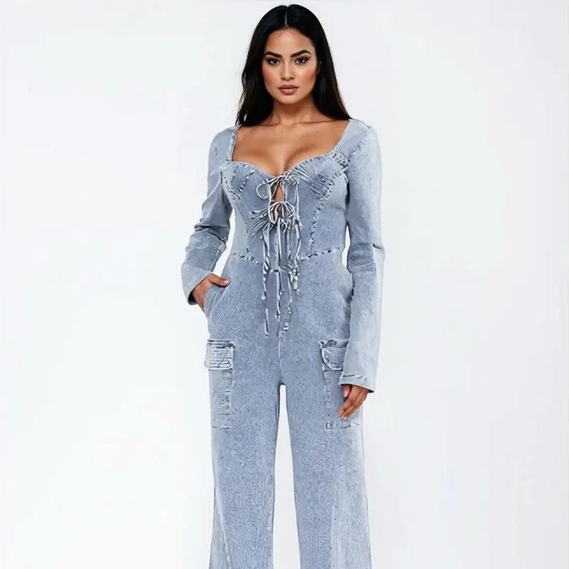 Women's Long Sleeve Lace-Up Pockets Stretch Denim Wide Leg Jumpsuit Soft Cotton Blend Comfortable Chic Style