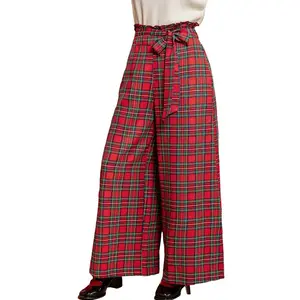 Women's Red Festive Plaid Wide-Leg Pants with Paperbag Waist - Cupshe-L-Red