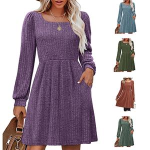 WIHOLL Womens Knit Sweater Dress with Pockets Square Neck Long Sleeve Dresses