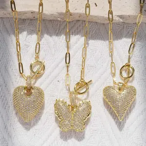 Gold Plated Heart Pendant Necklace, OT Toggle Paperclip Chain Choker, Cubic Zirconia Chunky Heart&Butterfly Necklace, Statement Fashion Jewelry for Women, Gift