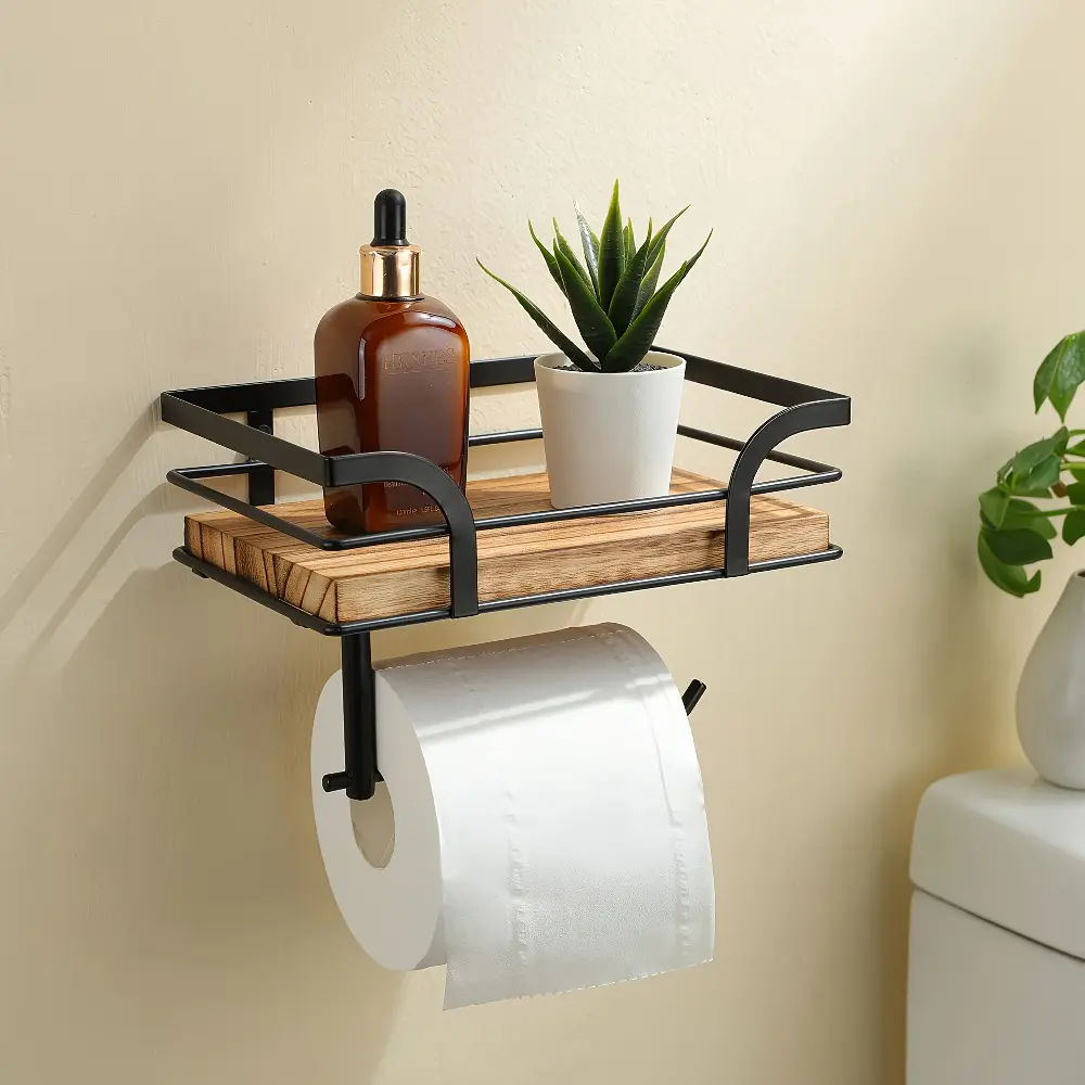 1 Pc Wooden & Black Metal Wall-Mounted Bathroom Shelf, Modern Bathroom Accessory, Bathroom Organizer with Toilet Paper Holder, Compact Storage for Towels, Toiletries and Decorations, Home Supplies
