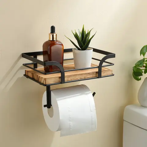 1 Pc Wooden & Black Metal Wall-Mounted Bathroom Shelf, Bathroom Organizer with Toilet Paper Holder, Compact Storage for Towels, Toiletries and Decorations, Bathroom Organizing Accessories, Home Supplies