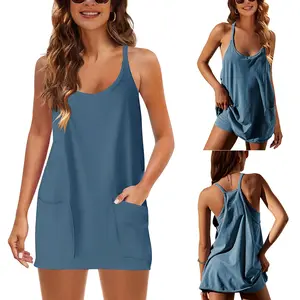 Women's Summer Sleeveless Mini Dress V Neck Spaghetti Straps Athletic Built-in Shorts Sundress