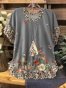 Plus Size Floral & Leopard Patchwork T-shirt Casual Round Neck Short-Sleeve Top, Y2K Clothes Summer Daily Wear, Trendy Mixed-Pattern Tops, Comfortable Relaxed Fit Casual Ensembles, Stylish Ruffled Detail Party Casual Wear