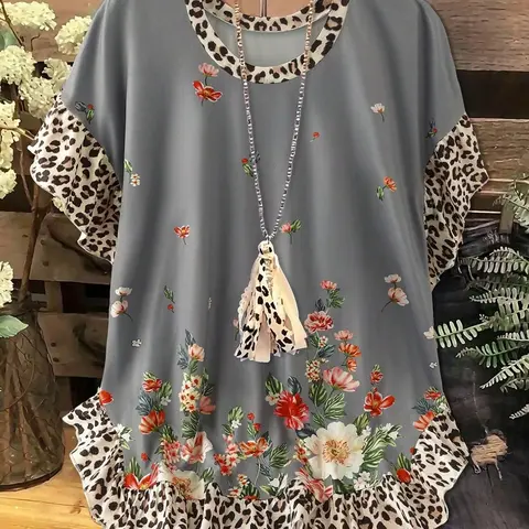 Plus Size Floral & Leopard Patchwork T-shirt Casual Round Neck Short-Sleeve Top, Y2K Clothes Summer Daily Wear, Trendy Mixed-Pattern Tops, Boho Tee, Comfortable Relaxed Fit Casual Ensembles, Stylish Ruffled Detail Party Casual Wear