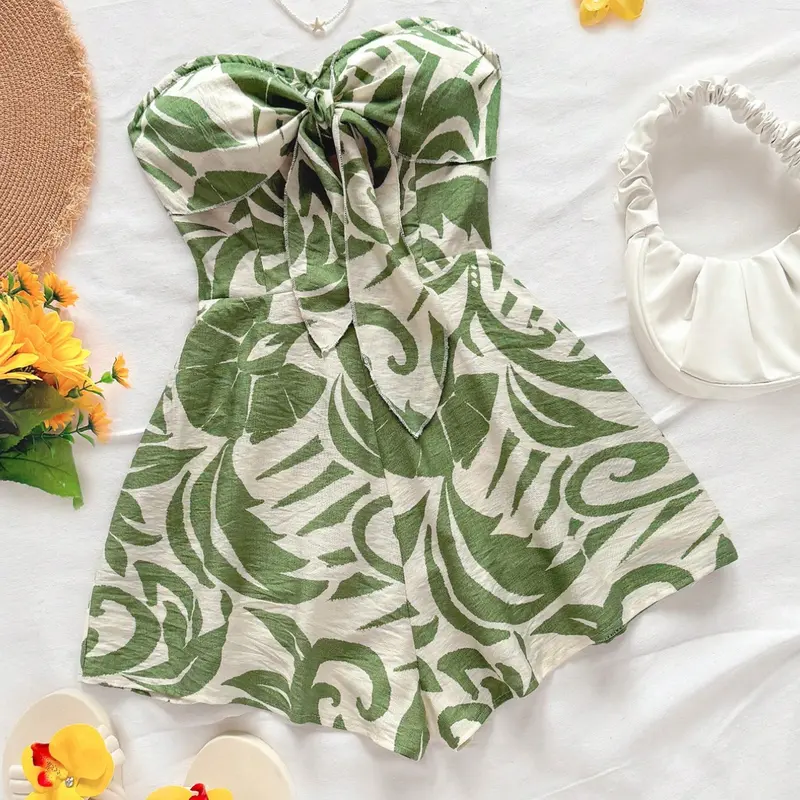 Women's Bohemian Boho Vacation Spring Summer Carnival Cruise Party Vibe Watercolor Silhouette Print Tie Front Knot Loose Strapless Fashionable Holiday Jumpsuit Womenswear Fit