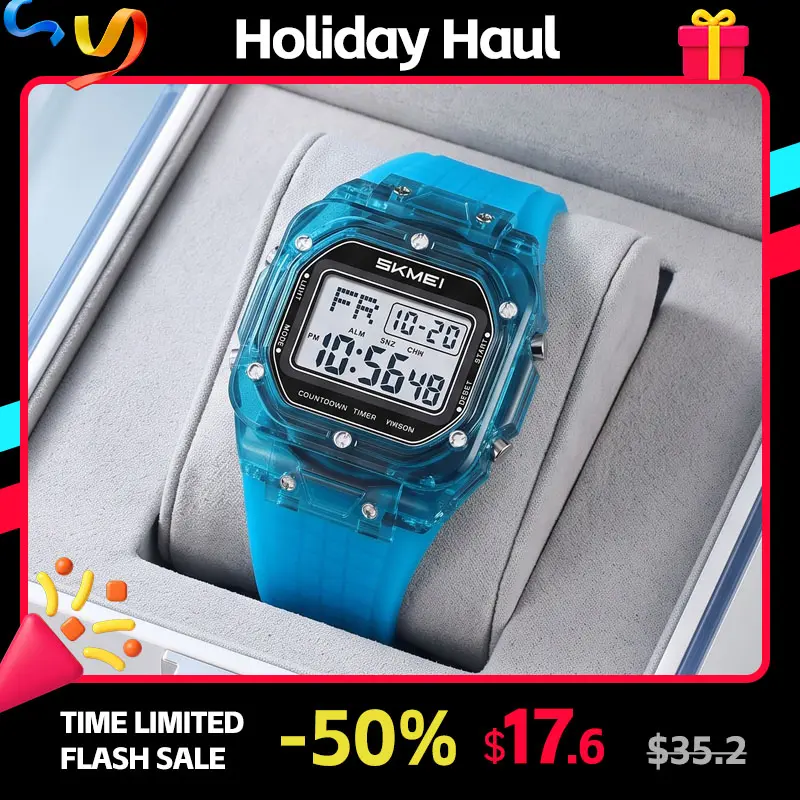 SKMEI Men's Digital Watch, Polygonal Sport Watch with Stopwatch Countdown Timer Alarm and EL Backlight, Translucent Silicone Band Watch for Men, Outdoor Everyday Wear, Big Bold Digital Wrist Watch (5ATM)