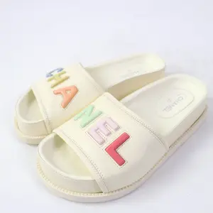 Pre-owned CHANEL Textile Small Leather Goods Logo Slide Sandals Leather Ivory 35