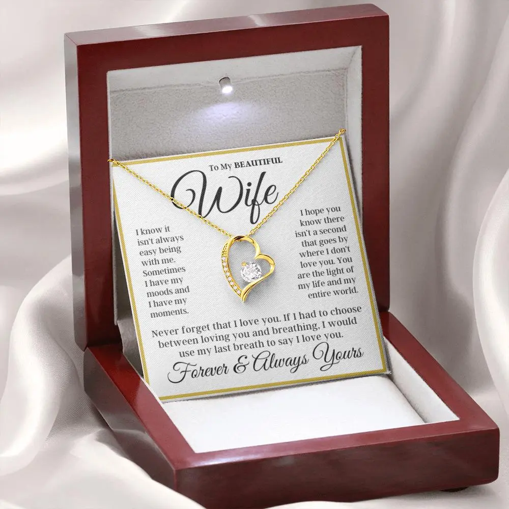 To My Wife - Gold Border Love Heart Necklace, Anniversary, Wife Gift Idea, Personalized Gift For Wife, Birthday Gift For Wife, From Husband Gold Statement Chain Alphabet Detail Pendant