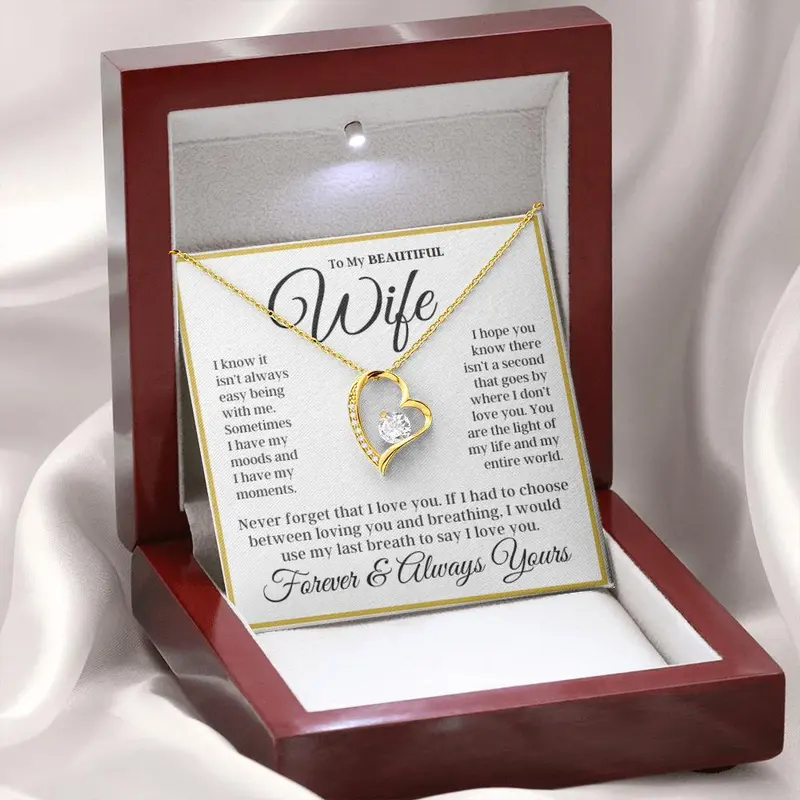 To My Wife - Gold Border Love Heart Necklace, Anniversary, Wife Gift Idea, Personalized Gift For Wife, Birthday Gift For Wife, From Husband Gold Statement Chain Alphabet Detail Pendant