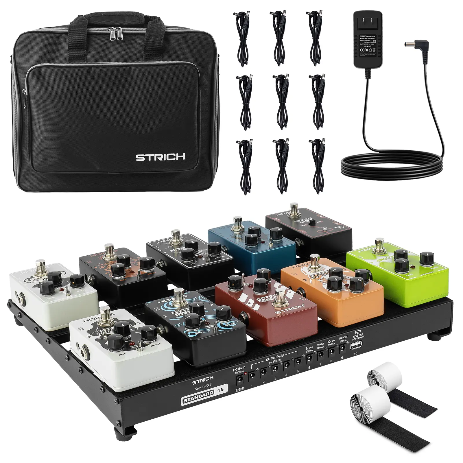 STRICH Guitar Pedal Board with Built-in Power Supply, Pedal Board 15 x 11" 2.17LB Lightweight Aluminum Alloy, PedalBoard with Pedal Cables, Bag, Hook Loop Strips PB-S15