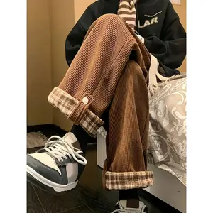 NewWomen's Retro Plaid Corduroy Pants - High Waist, Loose Fit, Slim Design, Apricot and Black Plaid Pattern, Drawstring Waist, Spring and Autumn Casual Style, Cute Pants Womenswear Bottom