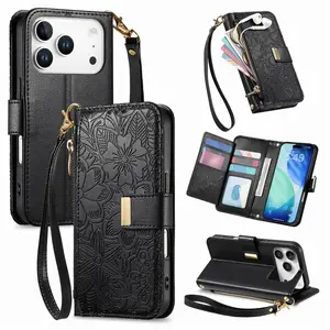 Multi-Slot Wallet Holder Phone Case Cover Casing for iPhone 13 Pro Max 14 15 16 Plus 17 Air, Floral Tpu Shockproof Design, Anti-Lost Wrist Strap, Accessories, Shockproof Protector