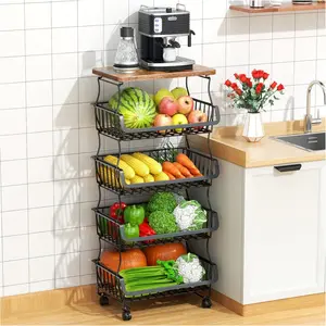 Fruit Vegetable Basket for, 5 Tier Stackable Fruit Vegetable Baskets with Wheels, Wire Basket Organizer Baskets for, Pantry,