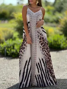 Boho Leopard Zebra Print Spaghetti Strap Long Dress, Summer V Neck Loose Vacation Style Ankle-Length Dress, Women's Fashion