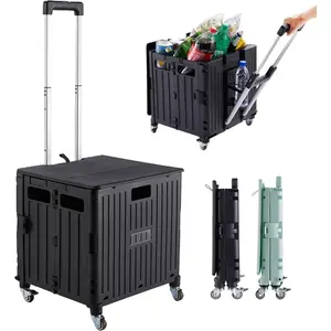 Folding Utility Cart Portable Rolling Crate Handcart Shopping Trolley Collapsible Tool Box, with Lid,  4 Rotate Wheels, for Grocery, Shopping, Office, Teacher, Camp(Black)