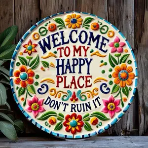 Welcome To My Happy Place Sign, Decorative Plaque, Colorful Floral Pattern Wall Art, Wall Decor for Home, Party, Cafe, Bedroom, Bar, Flower, Bathroom Decorations