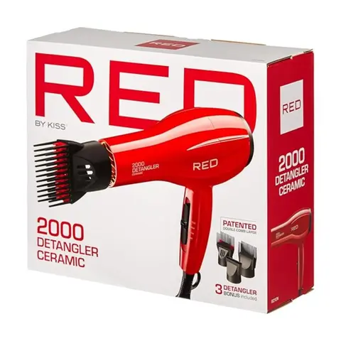 Kiss Red Hair Blower Blow Dryer with 3 Comb Attachments 2000 Watts Ceramic Detangler for Styling Straighten Drying