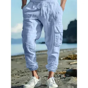 Men's Solid Color Linen Pants, Loose Casual Comfy Waterproof Quick-drying Tactical Casual Slant Pocket Pants for Outdoor Hiking, Men's Trousers for All Weather Conditions, Menswear, Casual Lounge Pants, Casual Sport Trousers