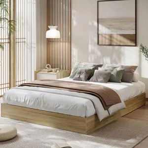 YJ-Garvee -Garvee Queen Size Wooden Platform Bed Frame: Headboard-less design, slatted wooden support, no spring mattress base required, easy to assemble.