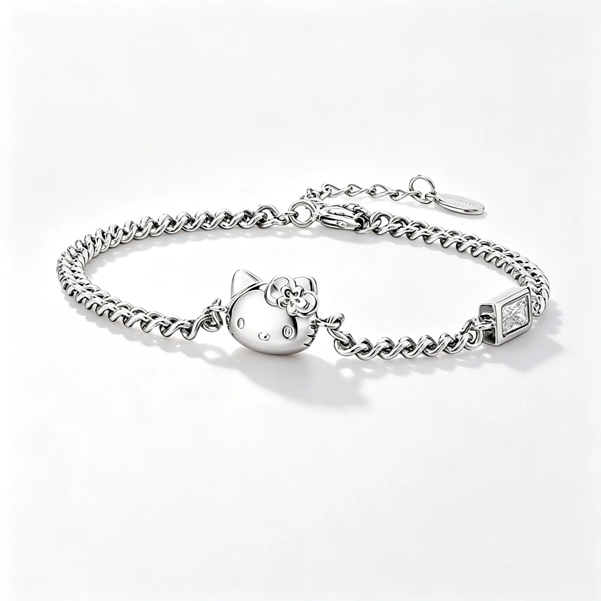 Sanrio Hello Kitty Curb Chain Charm Bracelet, Polished Silvery Wrist Piece, Refined Playful Adornment For Weekend Trips & Social Meet‑Up Looks