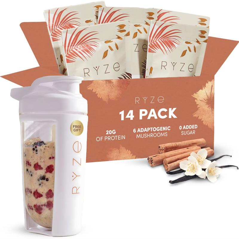 RYZE Mushroom Overnight Oats, Oatmeal with 6 Adaptogenic Mushrooms and 20g Grass-Fed Whey Protein & Chia Seeds, Turkey Tail, Shiitake, Lion's Mane, Reishi, Cordyceps, Healthy Breakfast, 14 servings