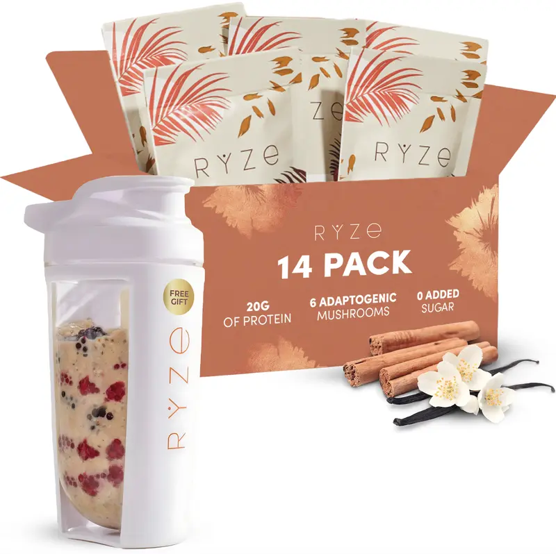 RYZE Mushroom Overnight Oats, Oatmeal with 6 Adaptogenic Mushrooms and 20g Grass-Fed Whey Protein & Chia Seeds, Turkey Tail, Shiitake, Lion's Mane, Reishi, Cordyceps, Healthy Breakfast, 14 servings