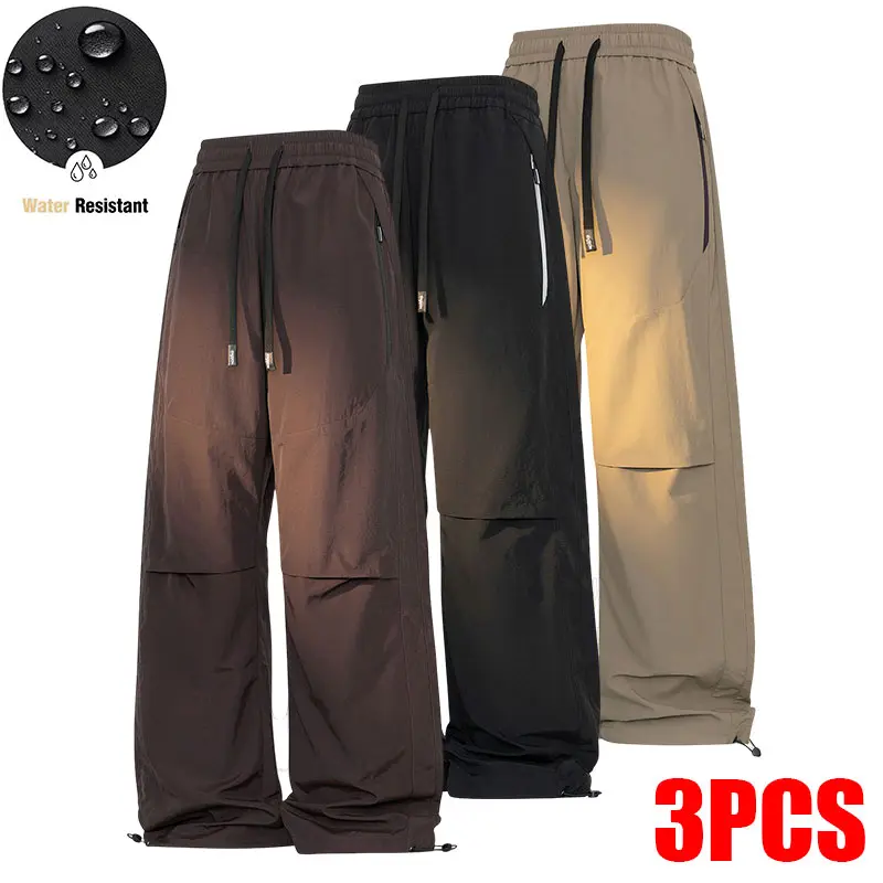 3-pack men’s ultra-light quick-dry waterproof cargo pants with side zip pockets and adjustable cuffs; outdoor softshell casual long pants.