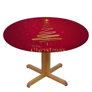 Round Fitted Tablecloth with Elastic Edge, Gold Tree Round Table Cover Circle Table Cloth Wipe Clean Table Cover 40"-44" for Dining Kitchen Picnic Christmas Decorations Gifts