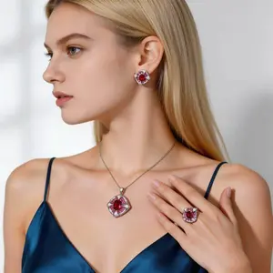 New women’s jewelry set: copper silver-plated pendant necklace with imitation sapphire, simulated gemstone rhinestone ring, and all-diamond stud earrings