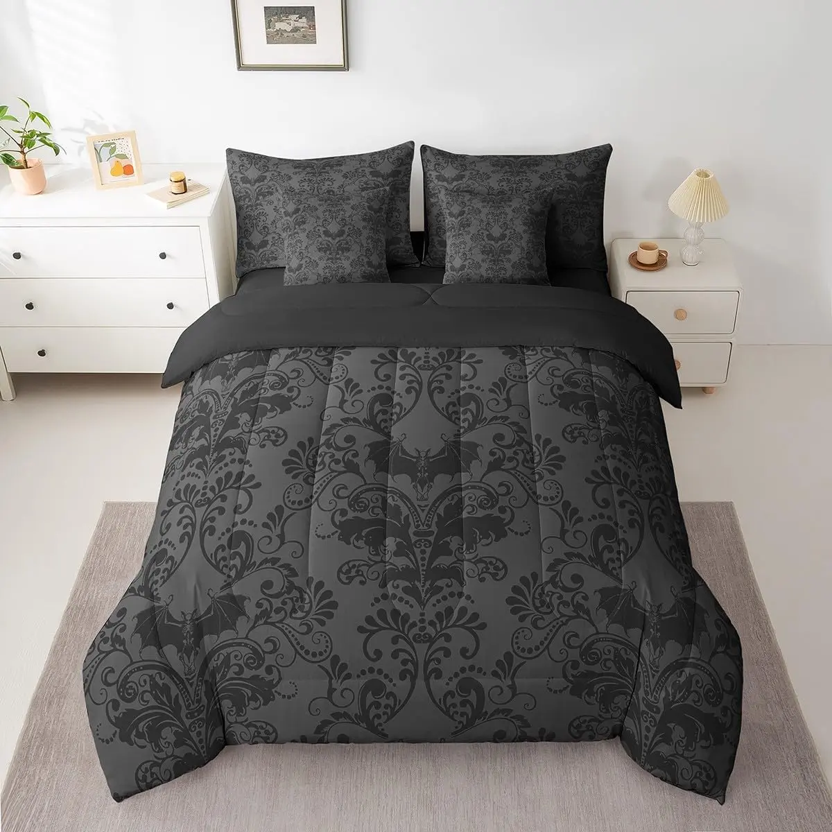 Feelyou 7-Piece Gothic Damask Decorative Microfiber Bedding Set - Black Grey Victorian Floral Goth Comforter & Sheet Set with Halloween Bat Design, Decorative Bedding Set