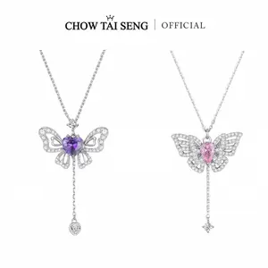 【ChowTaiSeng Jewelry】S925 Sterling Silver Purple Pink Wings Movable Butterfly Necklace Cubic Zircon Elegant Gift For Mother's Day Birthday