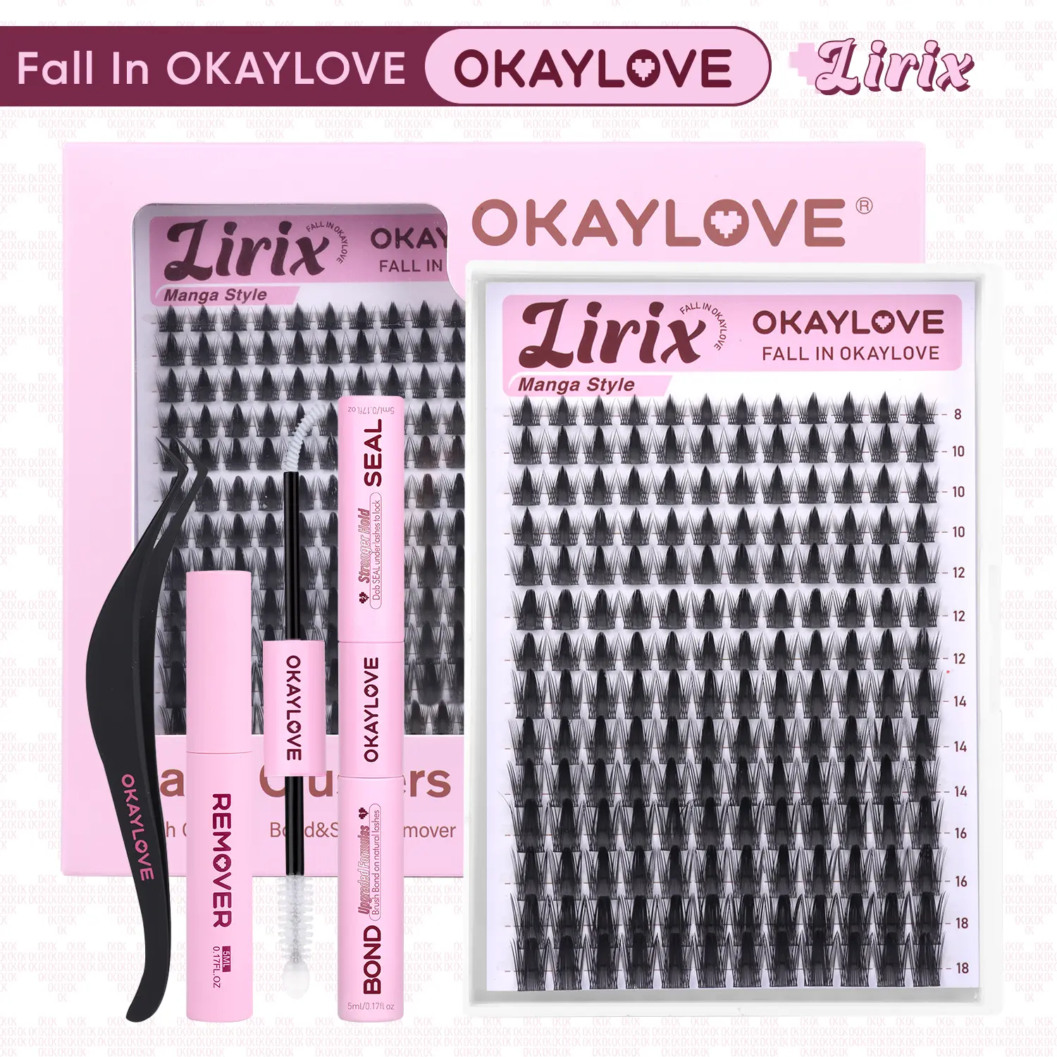 OKAYLOVE Lirix Manga Lash Cluster Pack - Lightweight Soft Fiber False Lashes Kit with 1-2 Weeks Long-Lasting Bonding Agent, Tweezers, Eyelash Remover for DIY Home Use, Back to School Gift