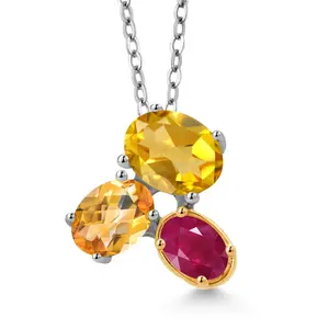 Gem Stone King 925 Silver and 10K Yellow Gold Yellow Citrine and Red Ruby Pendant Necklace For Women (2.65 Cttw, Oval 8X6MM, 7X5MM and 6X4MM, Gemstone November Birthstone, with 18 Inch Chain)